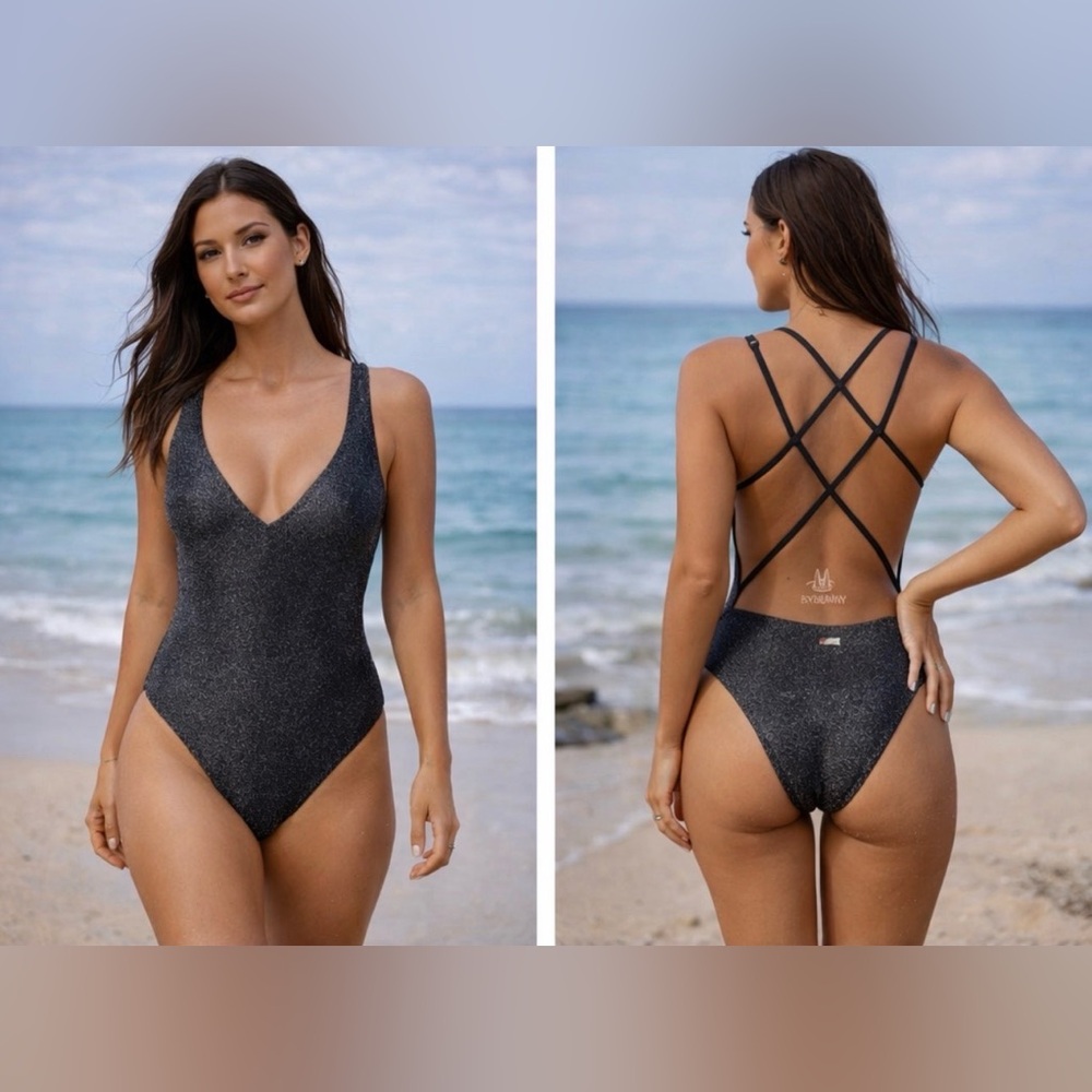 Berlook Metallic Silver Black Cross Back One-Piece Swimsuit NEW L Large + Bag